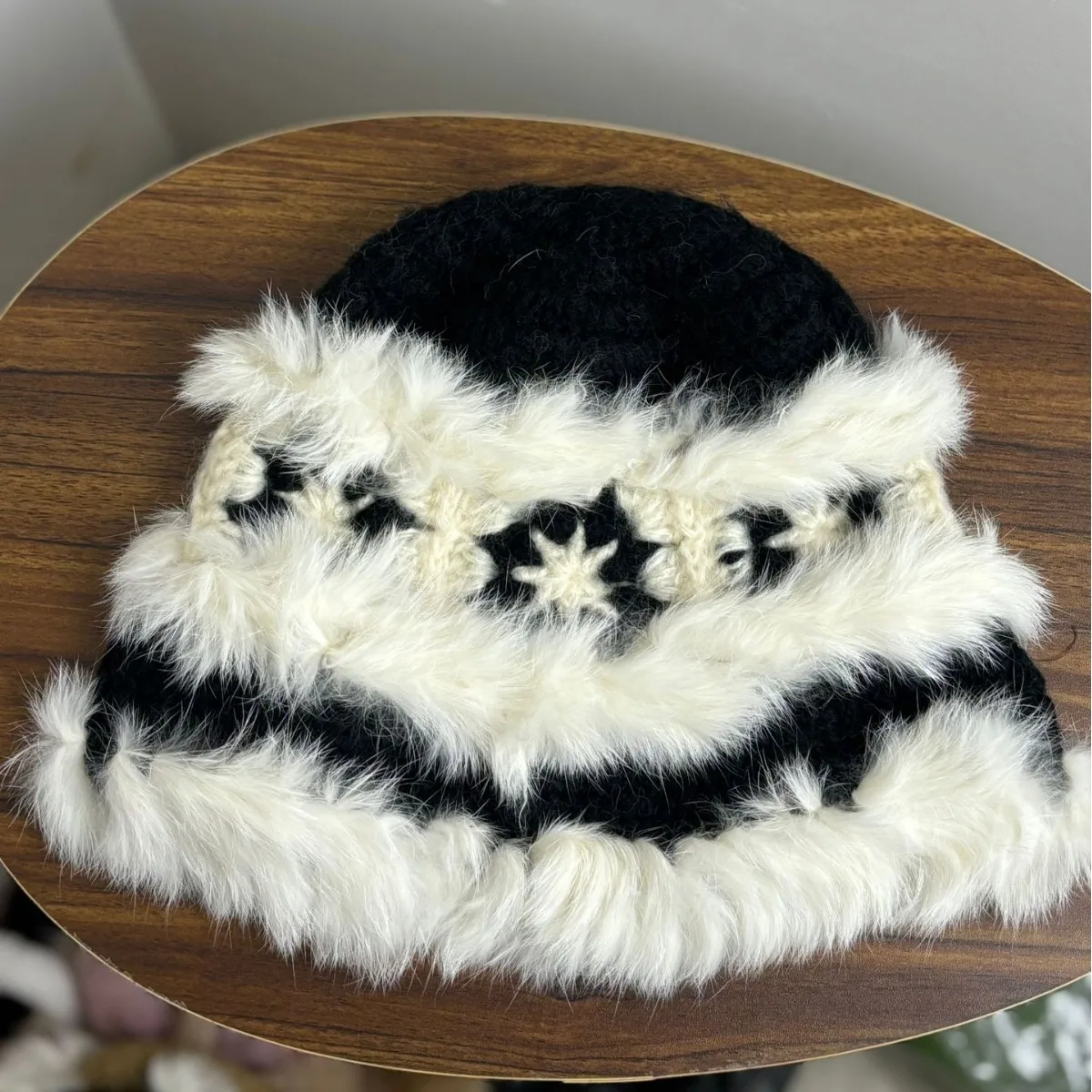 Wholesale Rabbit Fur Knit Lion Design Fisherman Caps Autumn Winter Plush Warm Tiger Head Crochet Bucket Hat Knitted Fluffy