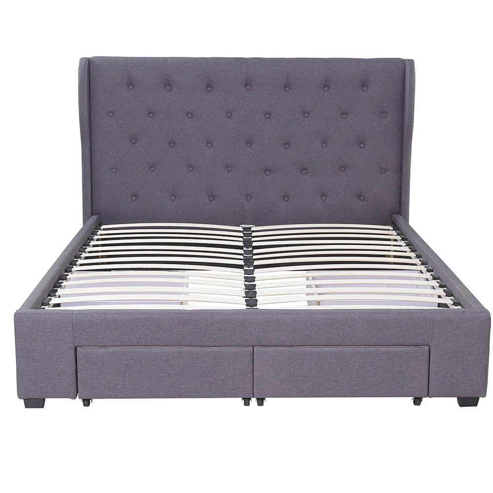 
2021 OEM /ODM Modern Hotel Wood Fream Gray Fabric Cover Ensemble Wood Bed Frame Queen Size 