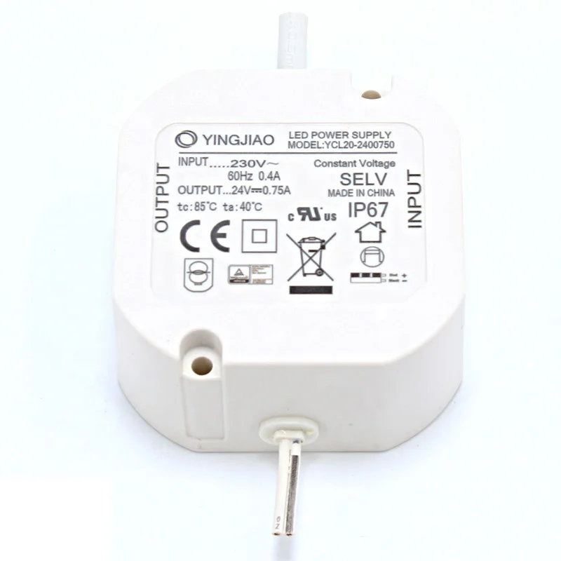 Yingjiao 20W Rainproof Constant Voltage Plastic Round Housing LED Driver 12V 24V CV Mode LED Power Supply