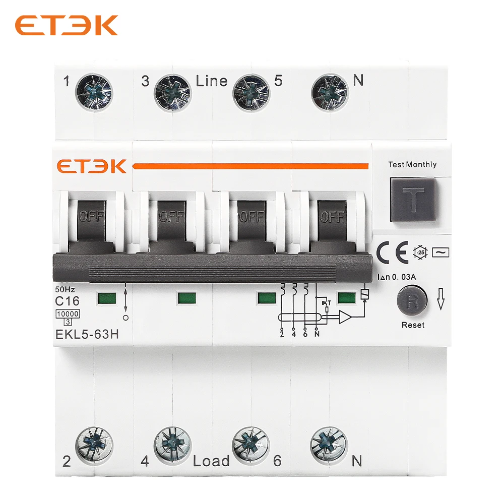 ETEK 4 poles rcbo 16A TPN AC Type C Curve 4P RCBO breaker 30mA tripping Curve C rcbo circuit breaker uk