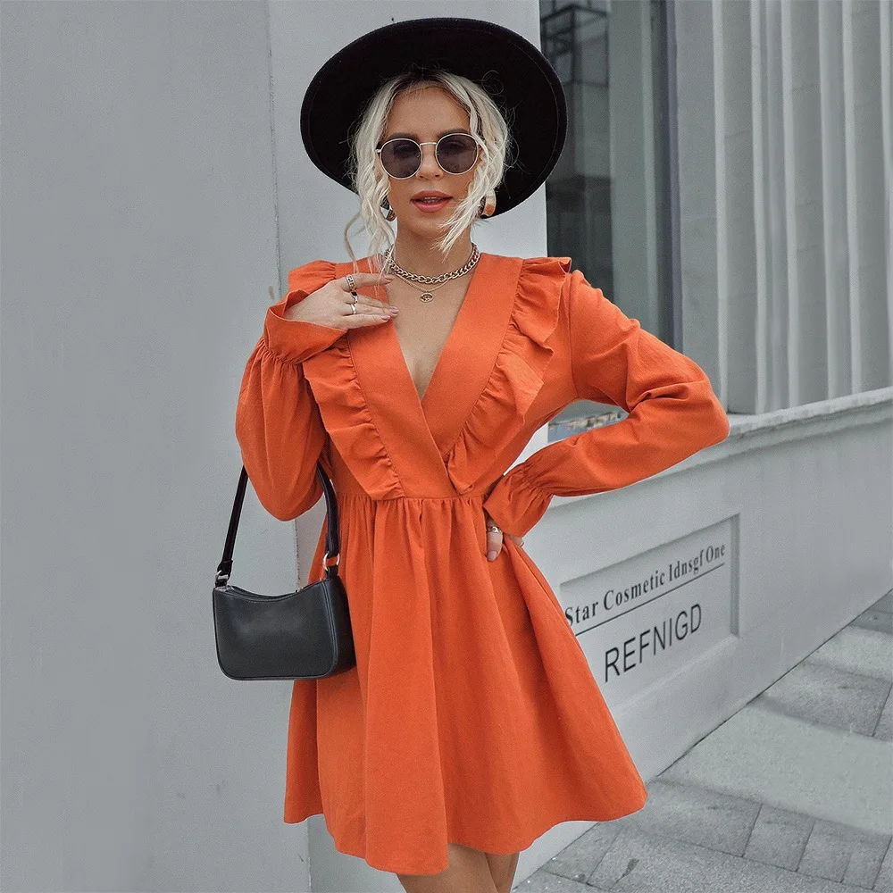 New Long Sleeve V-Neck Elegant A-Line Summer Bohemian Beach Short Ruffle Shirt Dresses Women Casual Clothing