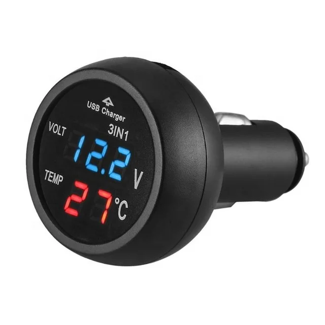 3 in 1 12/24V Car Auto Monitor Display USB Charging Charger For Phone Tablet GPS LED Digital Voltmeter Gauge Thermometer