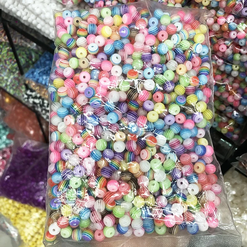 Acrylic Rainbow Striped Beads Colourful Round With 10 Cm Crystal  Cord For Jewelry Making Bracelets Necklaces Keychains