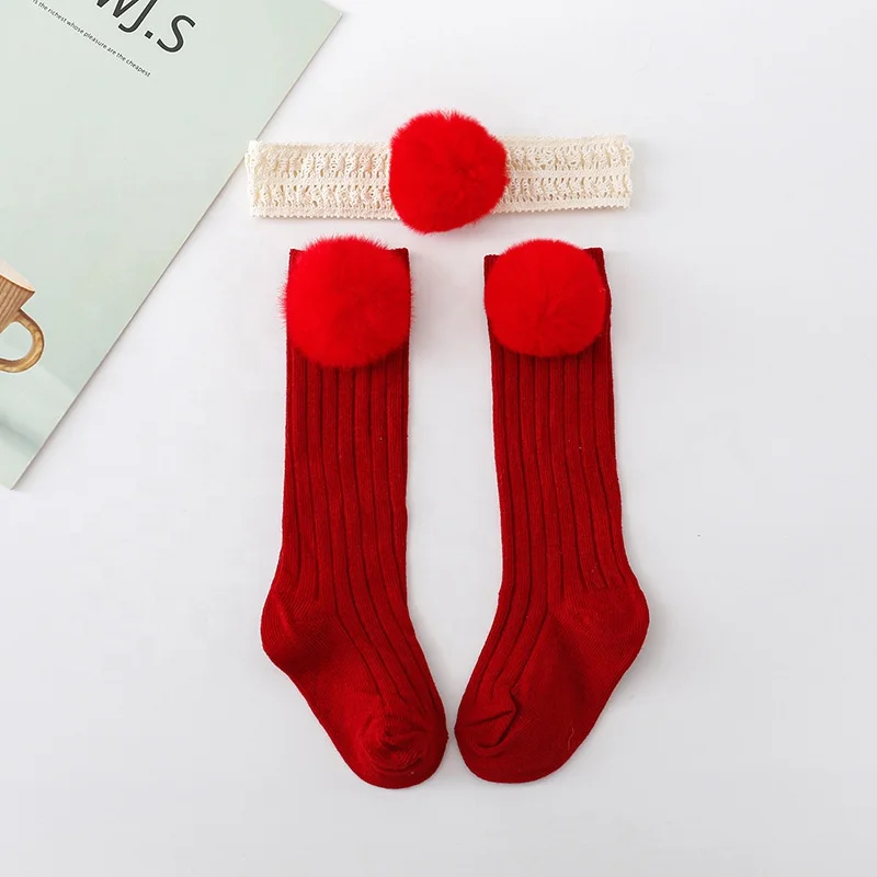 Autumn and winter new mid-length socks sweet solid color hairball socks for girls headband set
