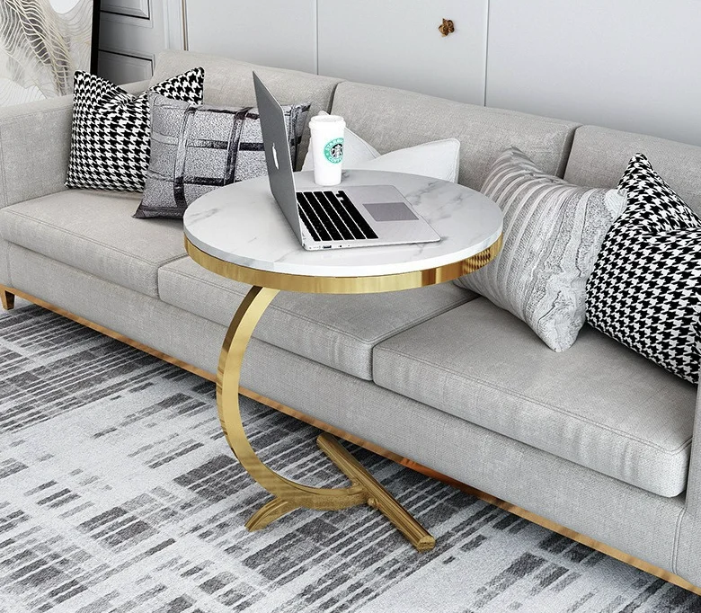 wholesale modern gold round marble coffee table  two layer side nightstand golden silver color rose  legs corner table