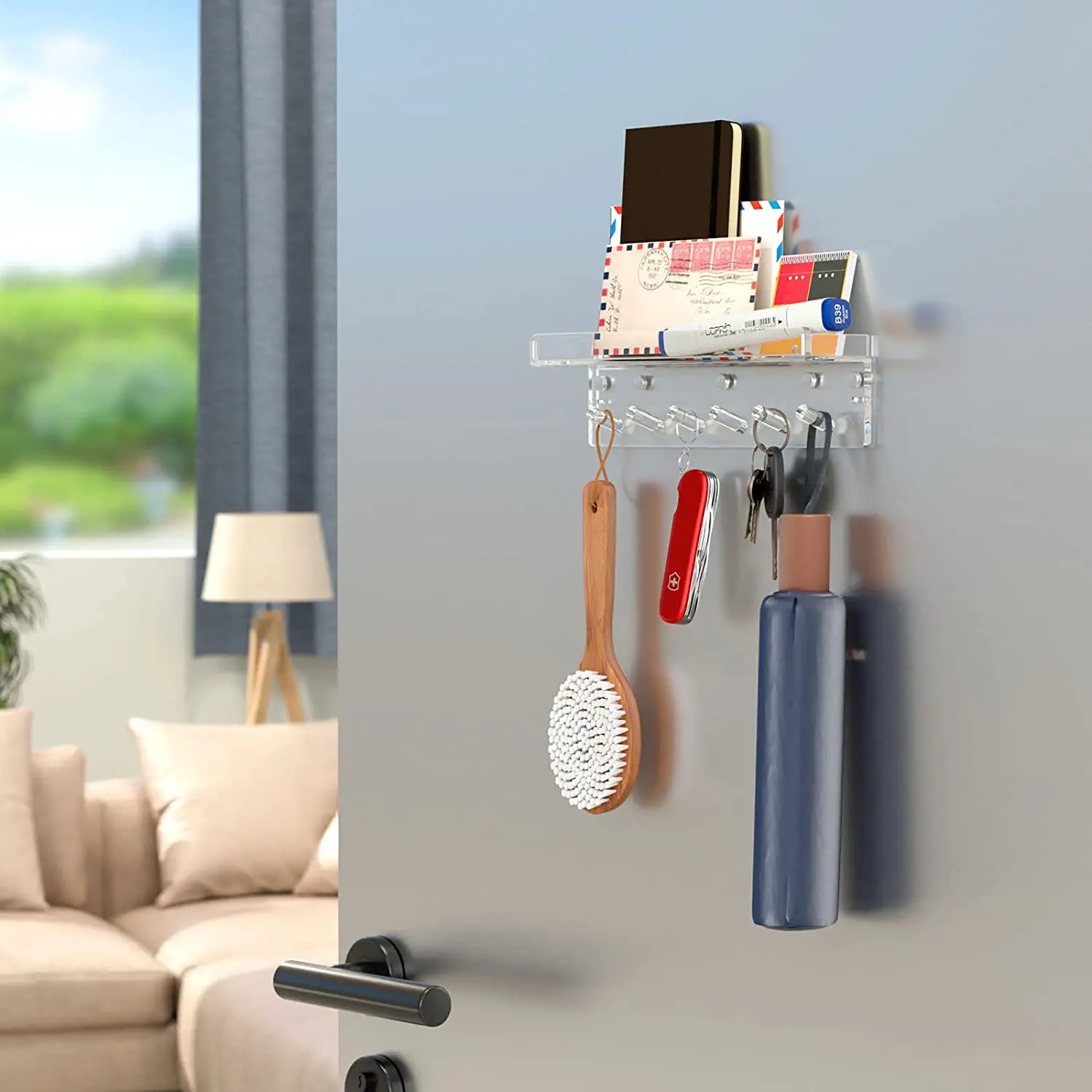 Magnetic Clear Acrylic Wall Hanging Key Rack Holder Shelf with 6 Hooks