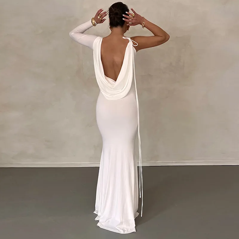10652 Deep V Lady Evening Elegant Backless One Shoulder Long Sleeve Tube Women Maxi Dress 2022 New Party American Clothing