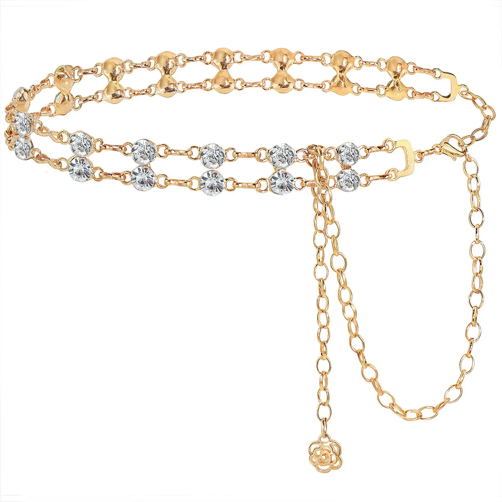 Chain Belts for Women Girls Double Row Crystal Metal Waist Link Belt Gold Z242