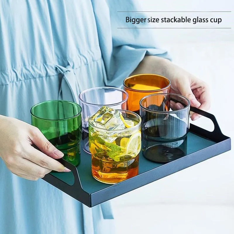 Hot Sale 300ml 380ml Stackable Colored Drinking Glass Cups for Hot & Cold Beverages, Water, Soda, Milk, Juice, Perfect for Gifts