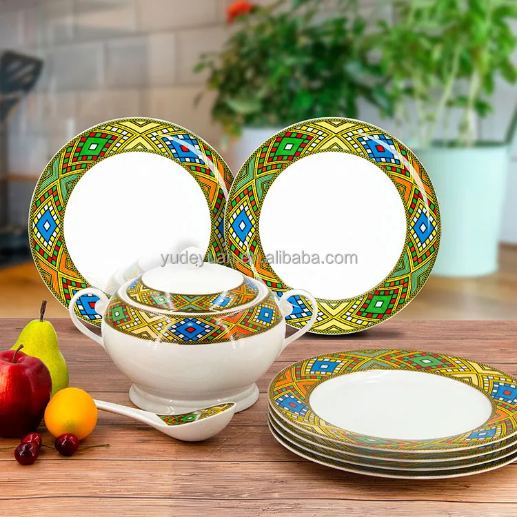YDY factory traditional classic style custom design logo dinner plates big tureen spoon 9pcs ethiopian art dinner set dinnerware