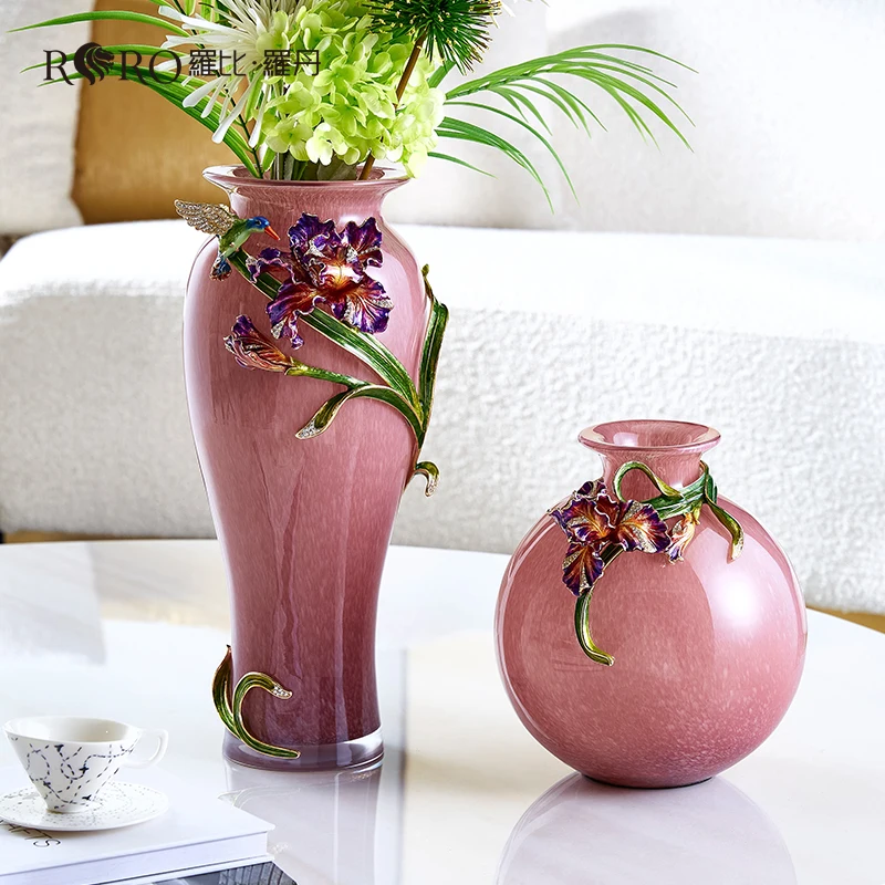 RORO home decor OEM ODM service modern luxury table decorative enamel middle happy flower glass vase for office decoration