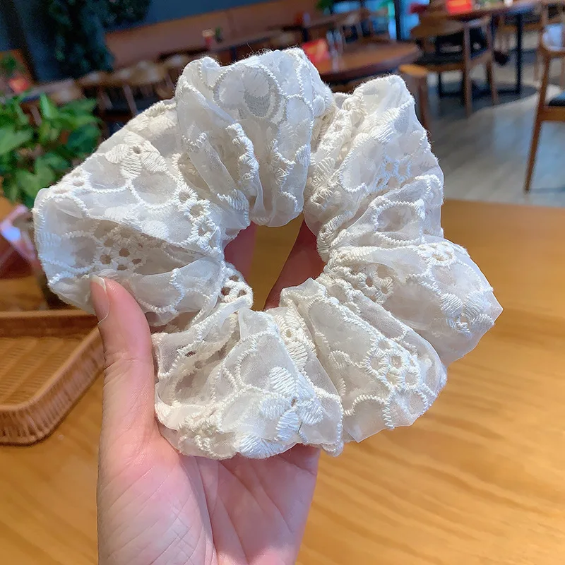 Embroidery White Lace Elegant Lady Summer Scrunchies Breathable Women Hair Bands Retro Large Hair Tie