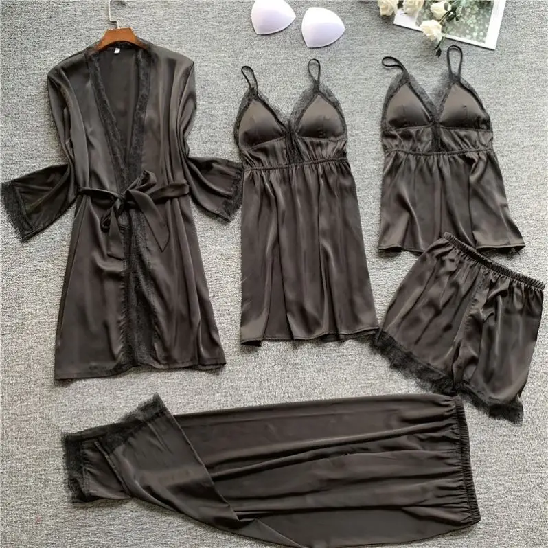 
NEW ARRIVAL wholesale 5 piece Satin Robe sets sexy lace babydoll for women summer lingerie Silky cami pajama set 