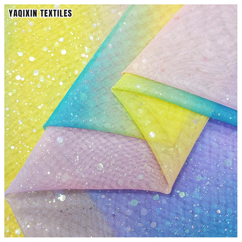 YY221125# High Quality Soft 100 Polyester Shiny Dot Tricot Knit Mesh Tulle Fabric with Print Rainbow Design