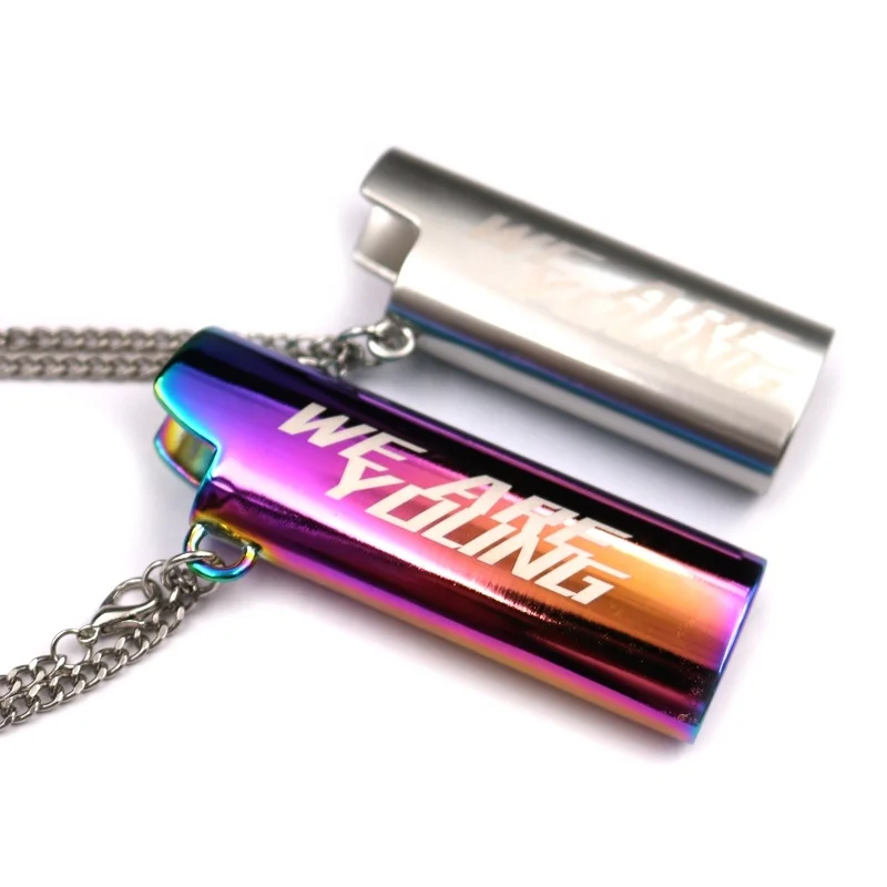 High Quality Custom logo big small size Colorful metal zinc alloy bic Lighter Case Lighter chassis with necklace