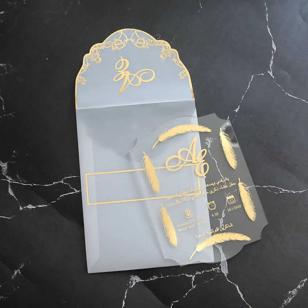 DIY custom party gold foiling clear acrylic invitation feather theme with tracing paper envelope pocket