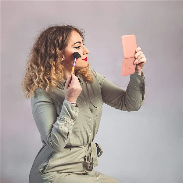 pink color square compact LED light makeup mirror