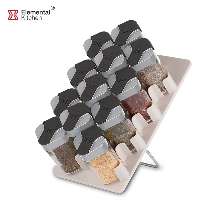 kitchen plastic seasoning rack stand set with 100ml glass spice condiment container jar