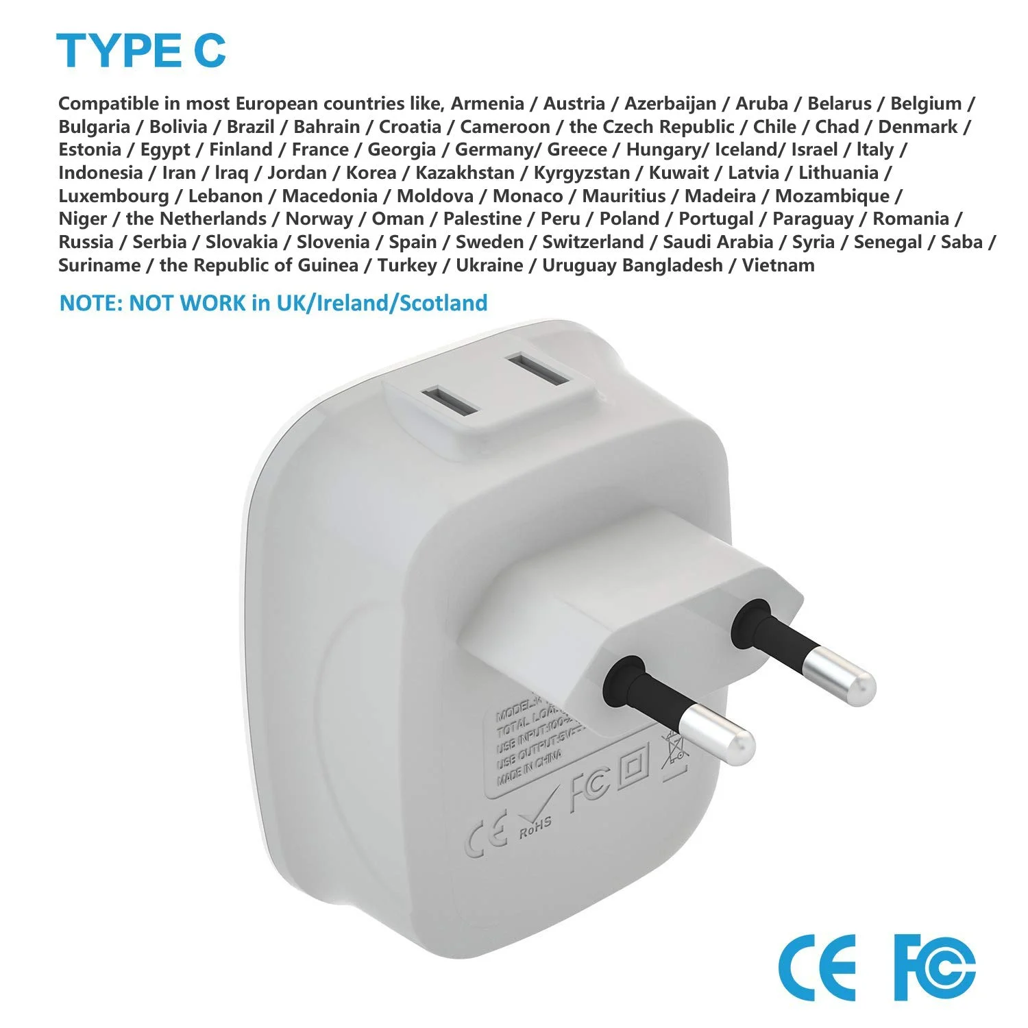 VINTAR Travel Power Adapter Plug Socket US to European Travel Adapters with 2 USB Ports