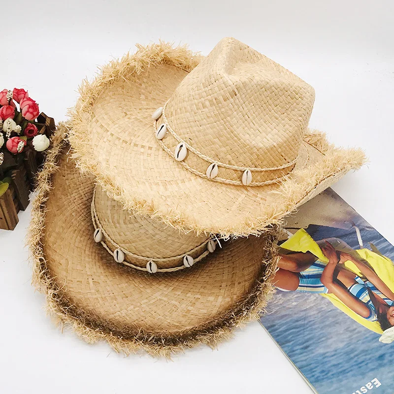 High Quality Women Wide Brim Bowknot Ribbon Cowboy straw hat Paper Flat Panama Hat Summer Sun Beach Raffia Straw Hats
