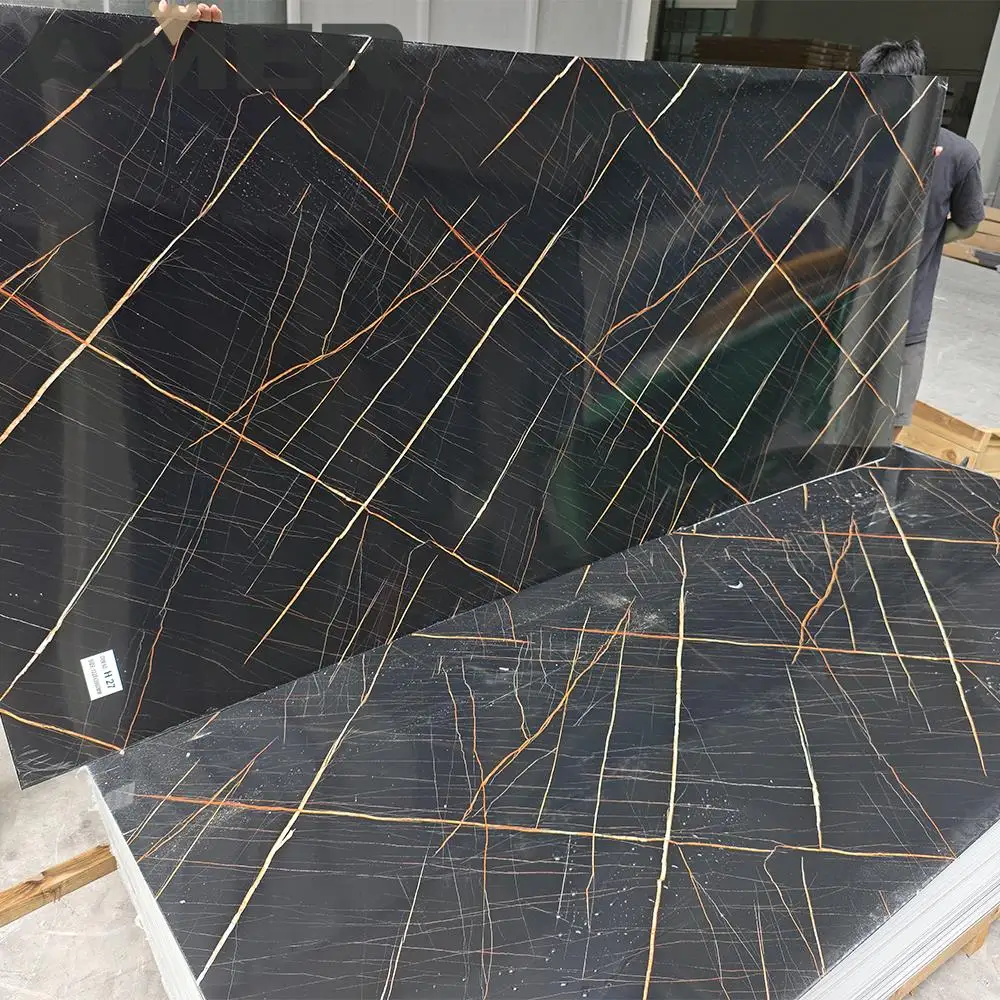 China Factory 1220x2440 mm Size Marble Texture Bamboo Charcoal Wood Veneer PVC Marble Sheet Carbon Slate Wallboard Wall Panels