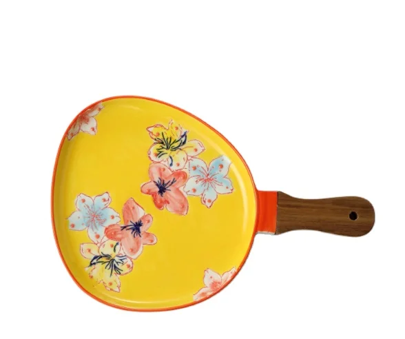 
Nordic handpainted Kitchen Restaurant Plates handpainted porcelain food dish with bamboo handle 