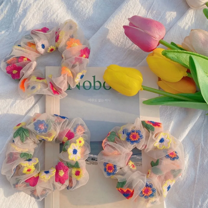 Hot Selling INS Vintage Mesh Flower Embroidery Large Hair Tie Designer Hair Scrunchies For Girls