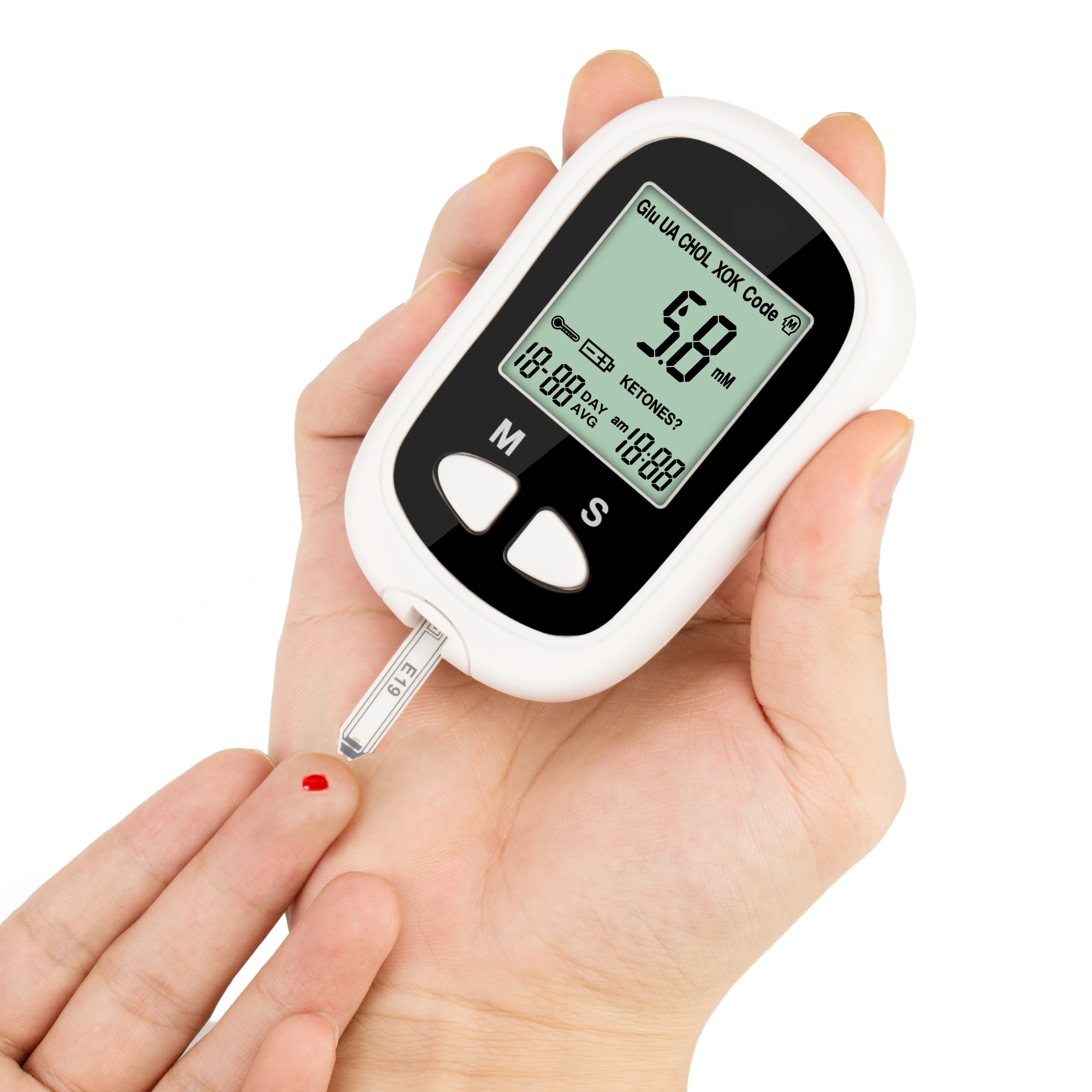 Display screen blood glucose monitor with blood glucose test strip