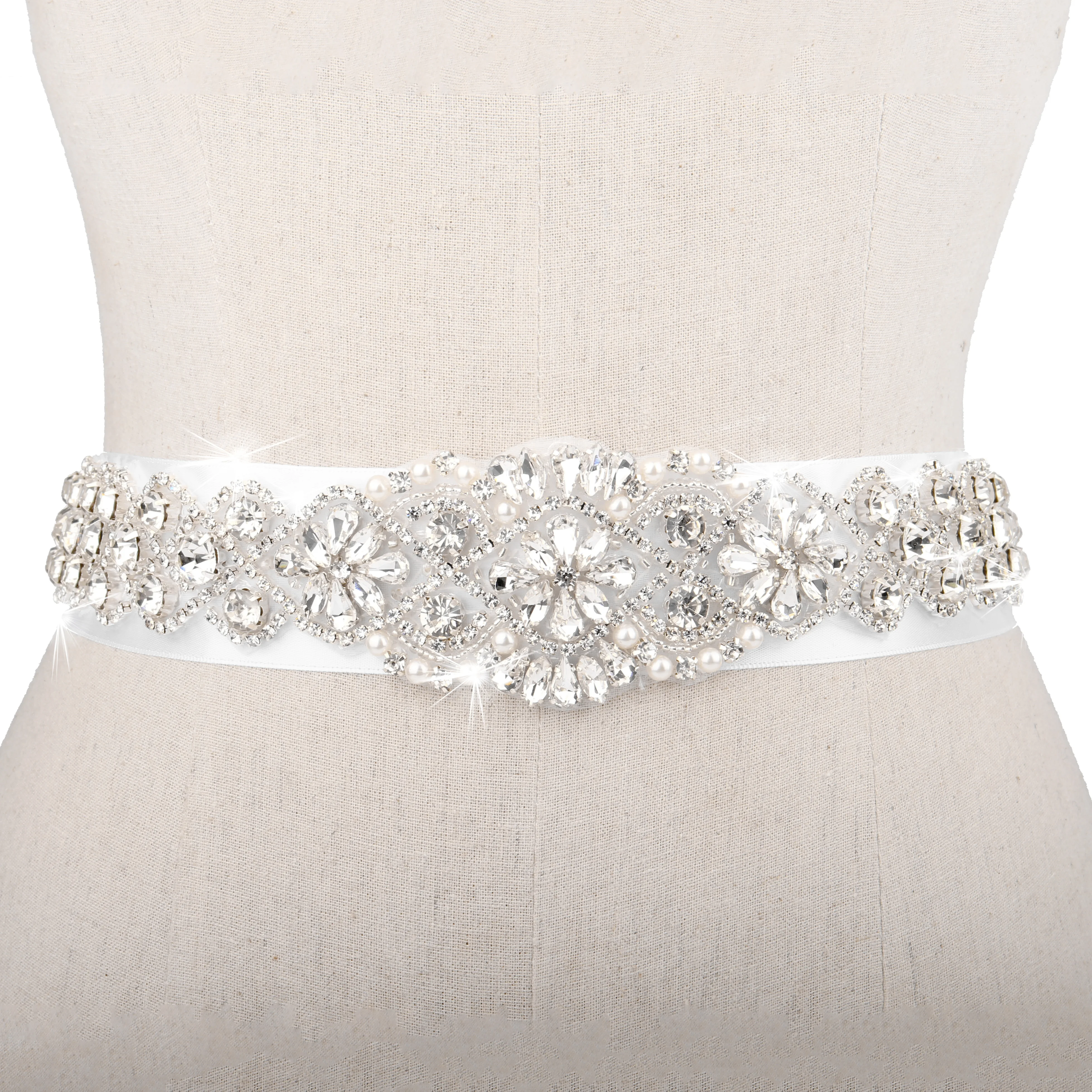 
White Diamond Flower Elegant Woman Belt Fashion Design For Dress, Wedding Bridal Pearl Belt 