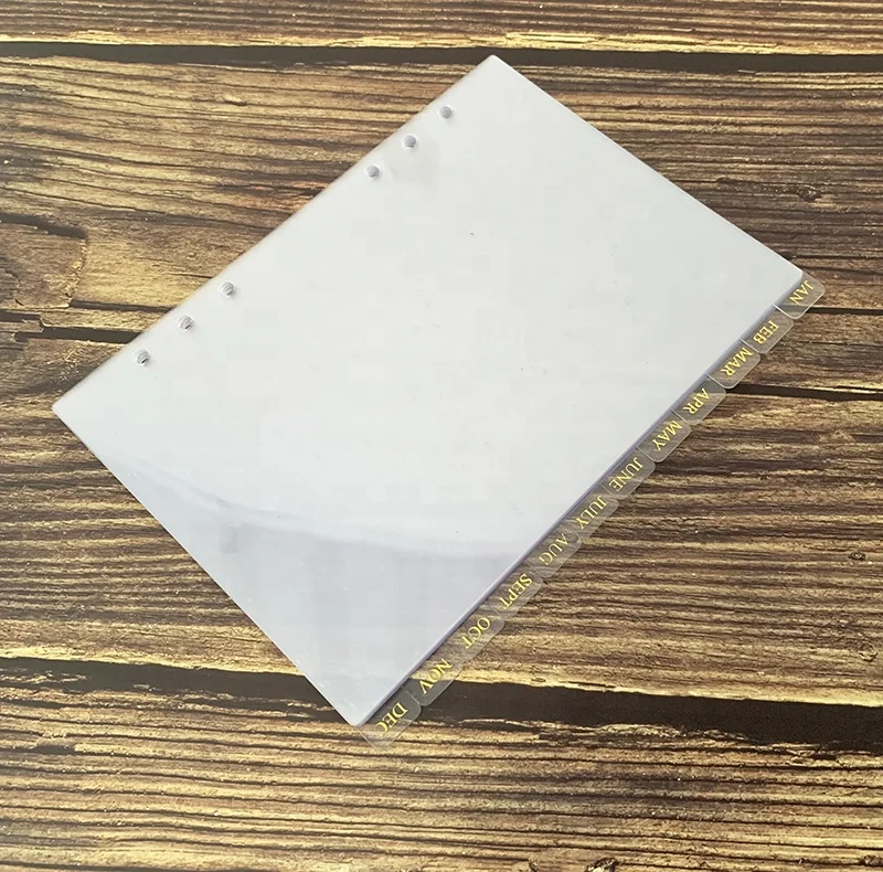 A5 clear PVC monthly tab divider custom , transparent plastic index pages with gold foil ,planner divider with right tab