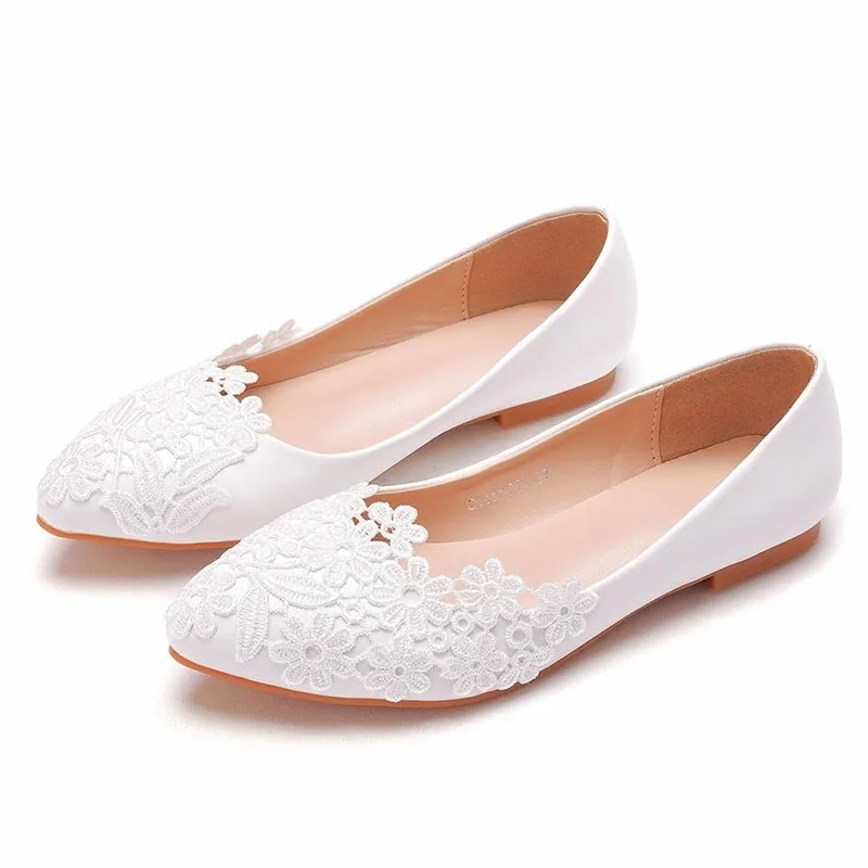 Lady Flat White Lace Bridal Shoes Lady Plus Size Party Crystal Sandals Floral Wedding Shoes