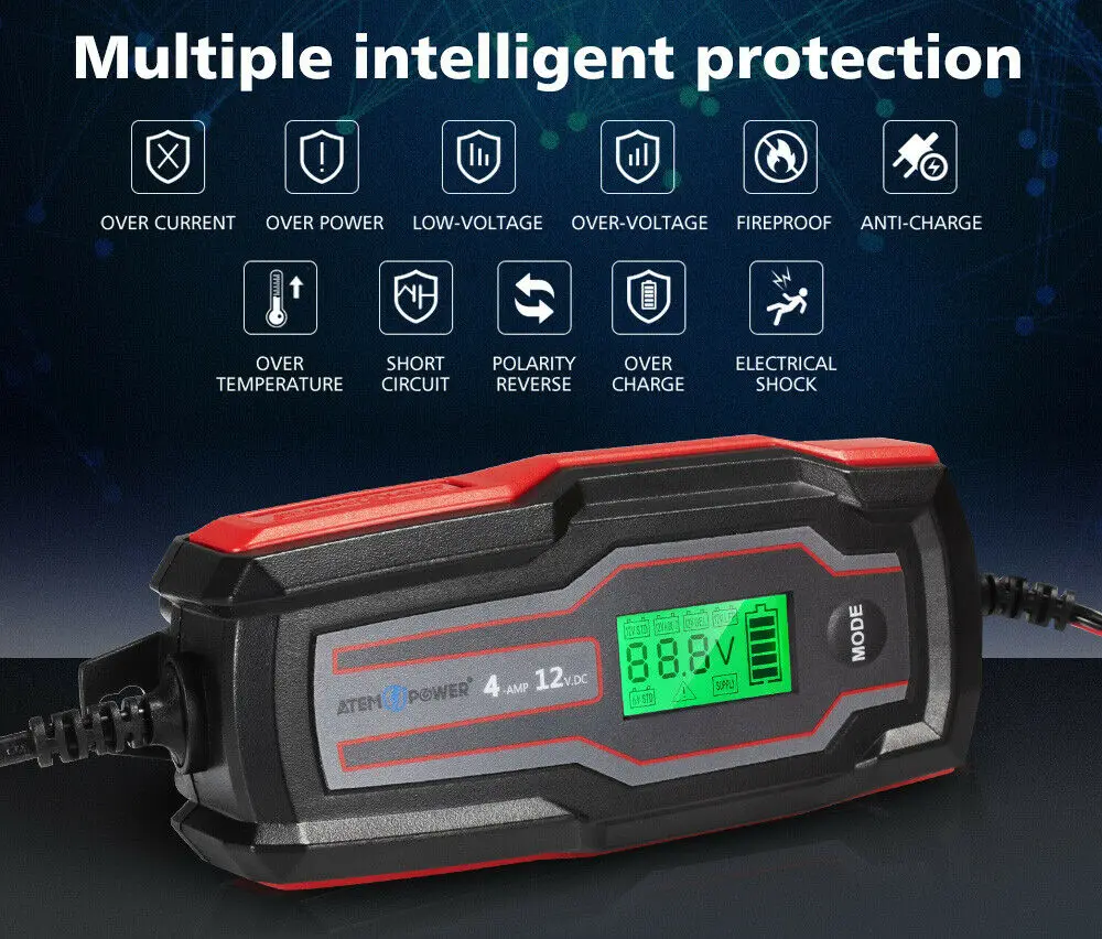 
4A 6V/12V Automatic SLA AGM Car Truck Boat Motorcycle Smart Battery Charger 