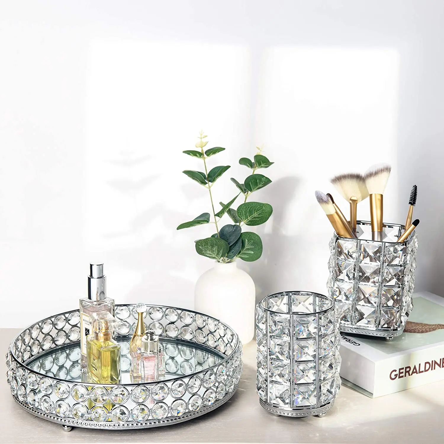 Perfume Skin Care Organizer Crystal Cosmetic Rectangle Vanity Tray Makeup Jewelry Trinket Organizer Mirror Decorative Tray