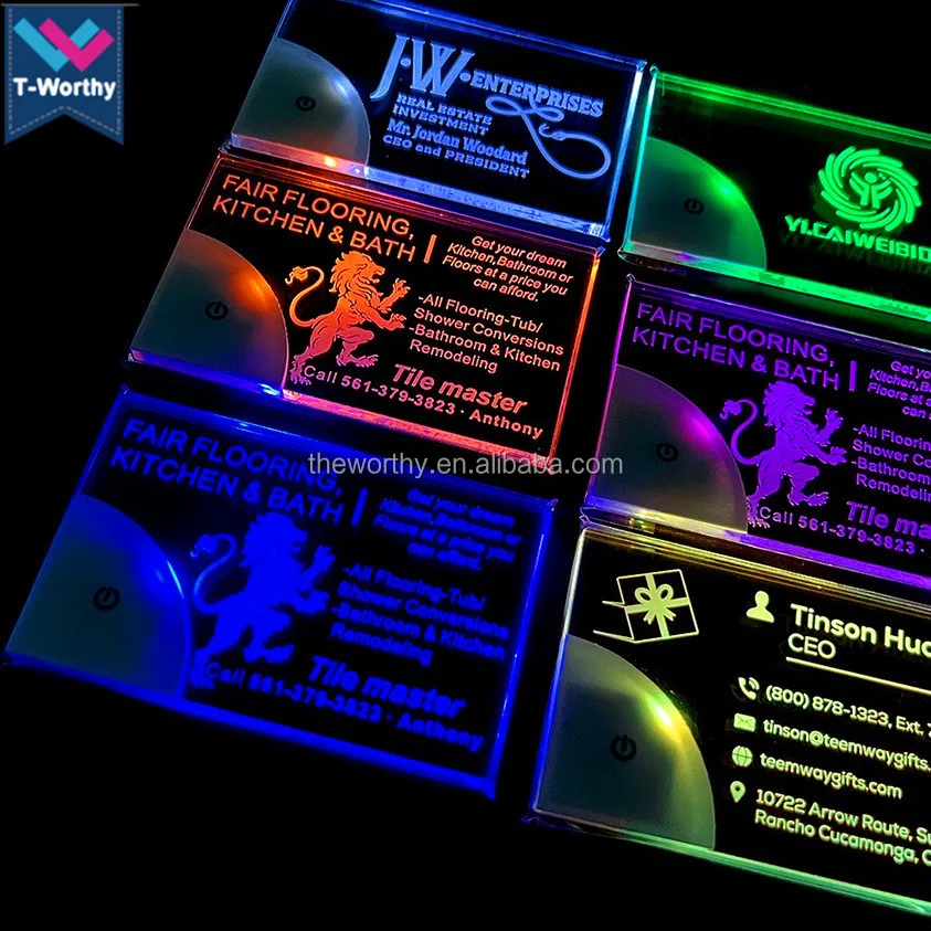 T-Worthy Customized Logo Laser Engraved LED Business Card Acrylic Brand Name Glowing LED Light Up Business Card