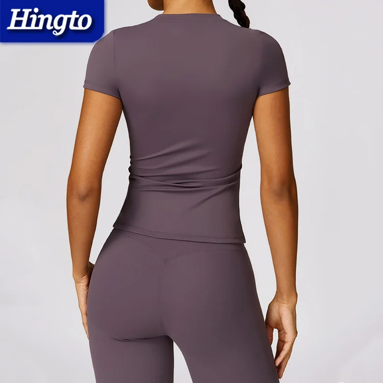 Women Training Fitness Sports Crop Tops Compressed Short Sleeve Yoga Tshirt High Round Neck Tight Blank Skinny Tshirts For Women