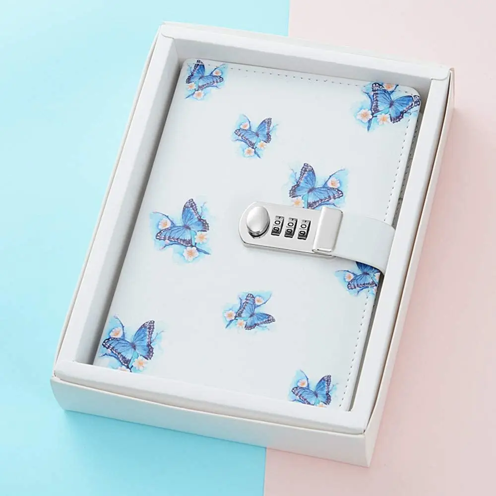 2025 New Design Password Lock A5 Digital Locking Diary Notepad Blue Butterfly Line Page with Lock Notebook Planner