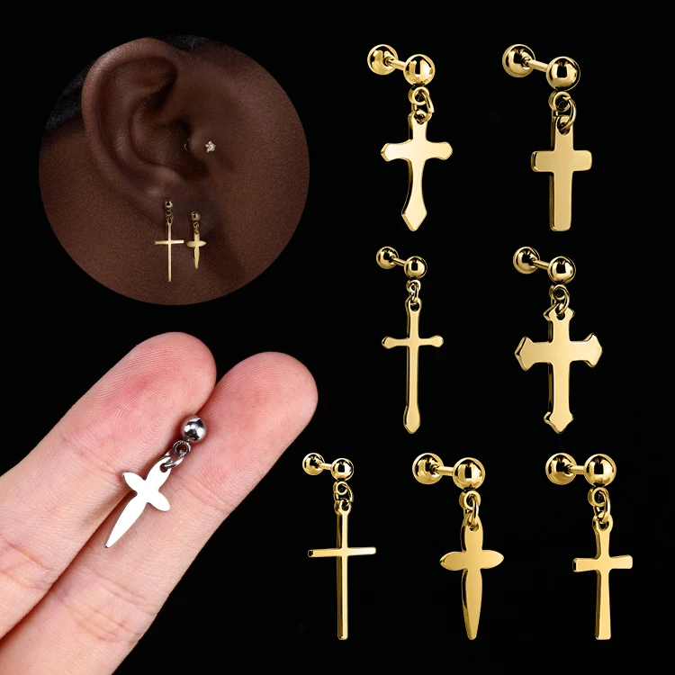Thread Ball Stud Earrings Jesus Stainless Steel Gold Silver Cross Pendant Earrings Men
