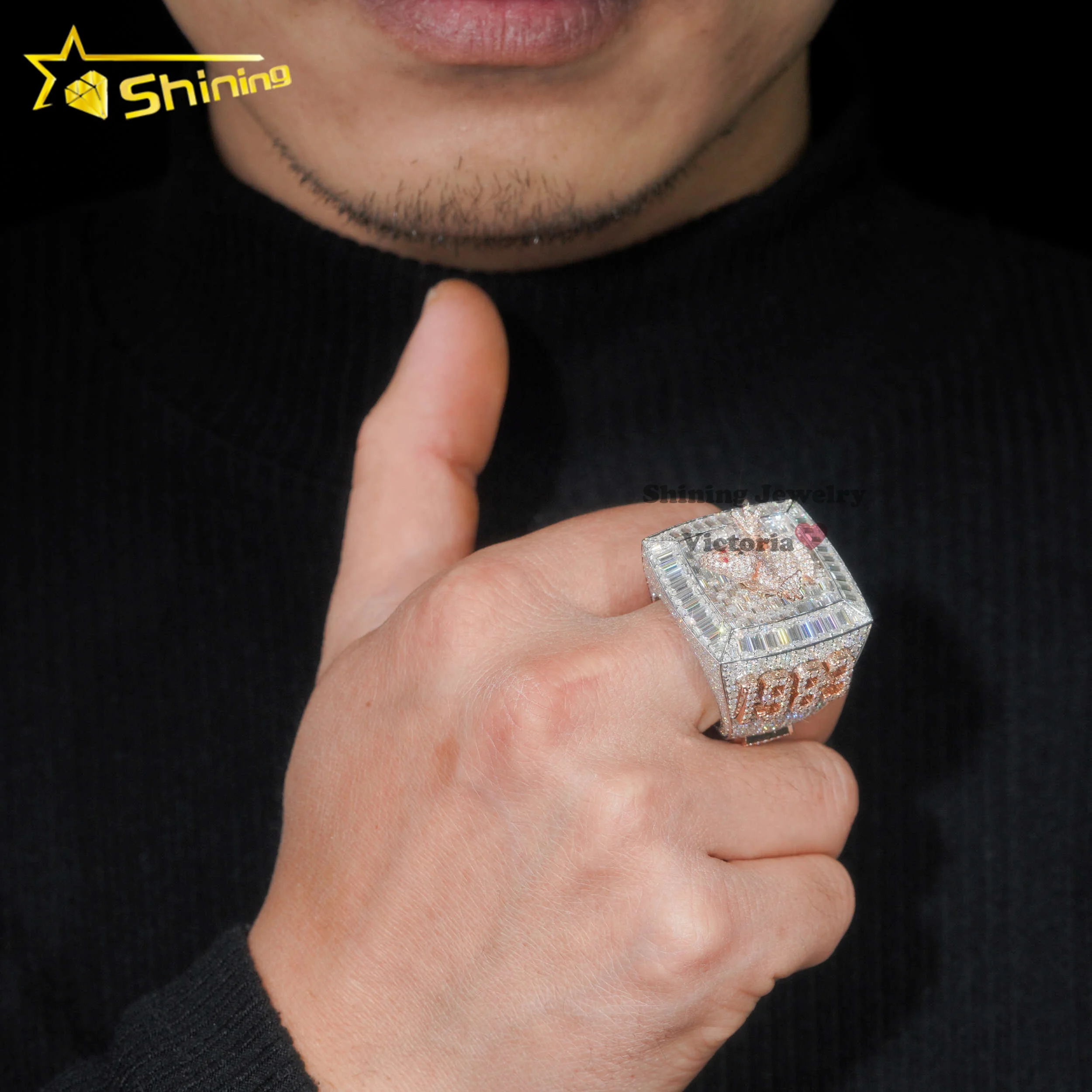 Manufacturer Custom 2024 New Fashion Logo Number Cartoon Championship Rings 10K Gold Moissanite Baguette Diamond Hiphop Men Ring