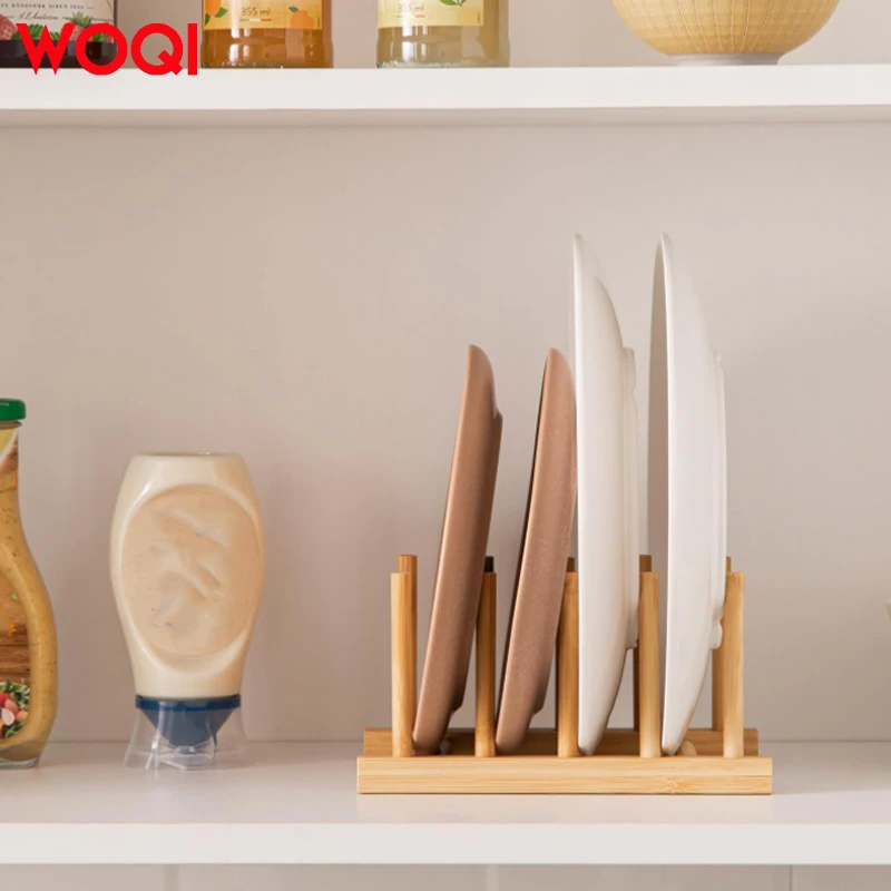 WOQI Multifunction Robust Compact Wood Dish Drainer Bamboo Plate Rack for Cups, Pot Lid, Chopping Board
