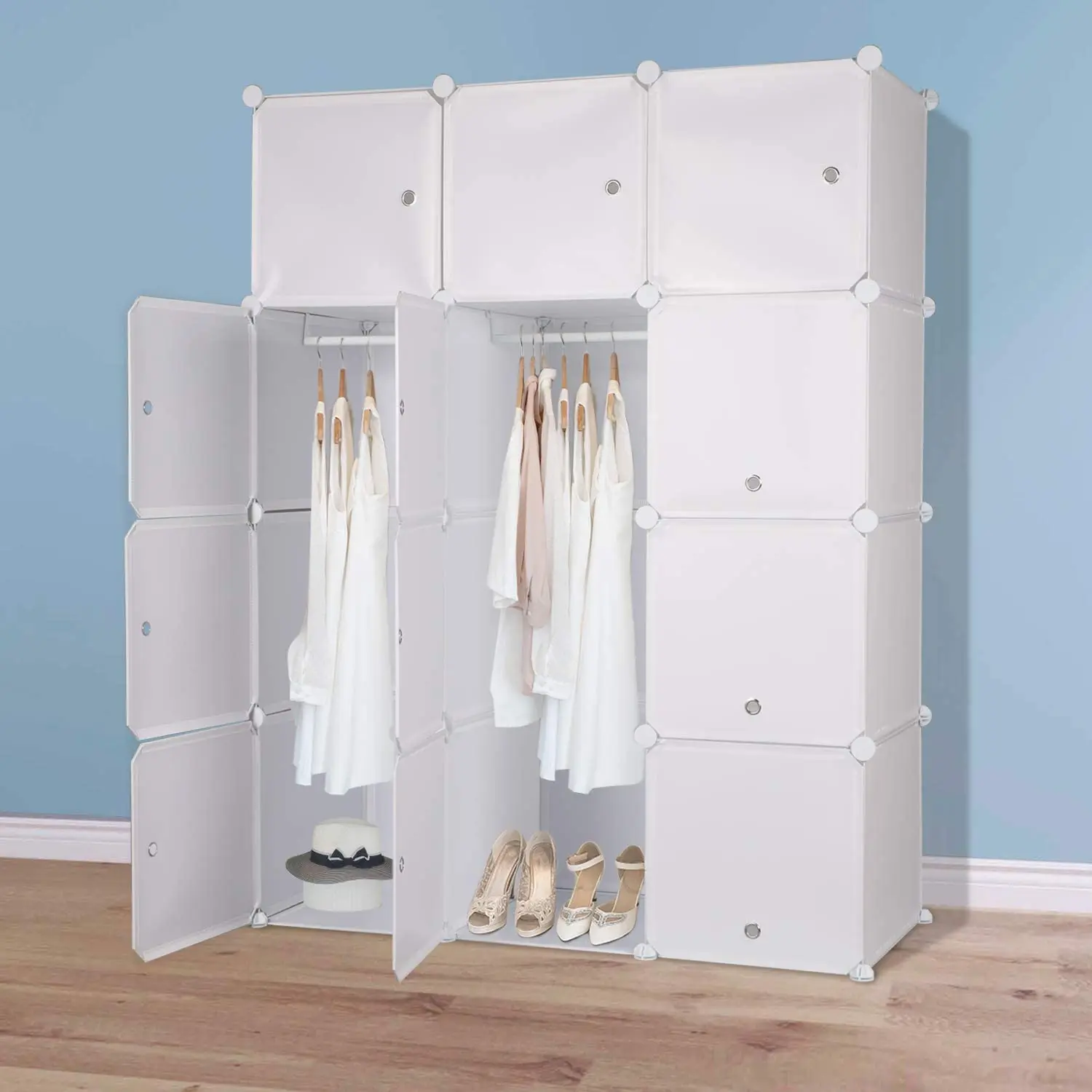 DIY Portable Wardrobe with Hanging Rod, Plastic Modular Cabinet Combination Armoire For Space Saving