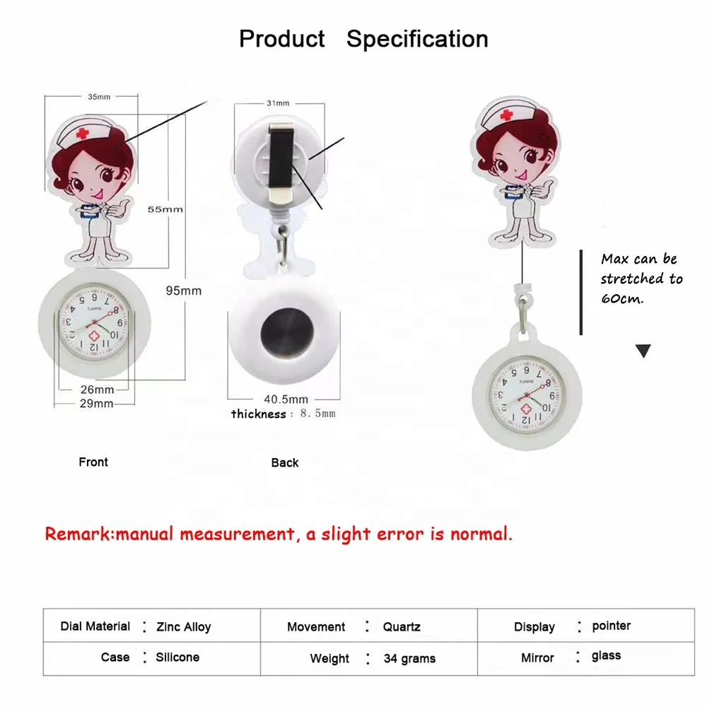Factory wholesale cute cartoon design stretchable luminous pointer quartz silicone nurse watch with clip