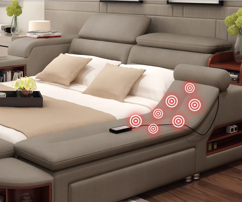 Multi function bed with massage and music pu leather upholstered bed with led