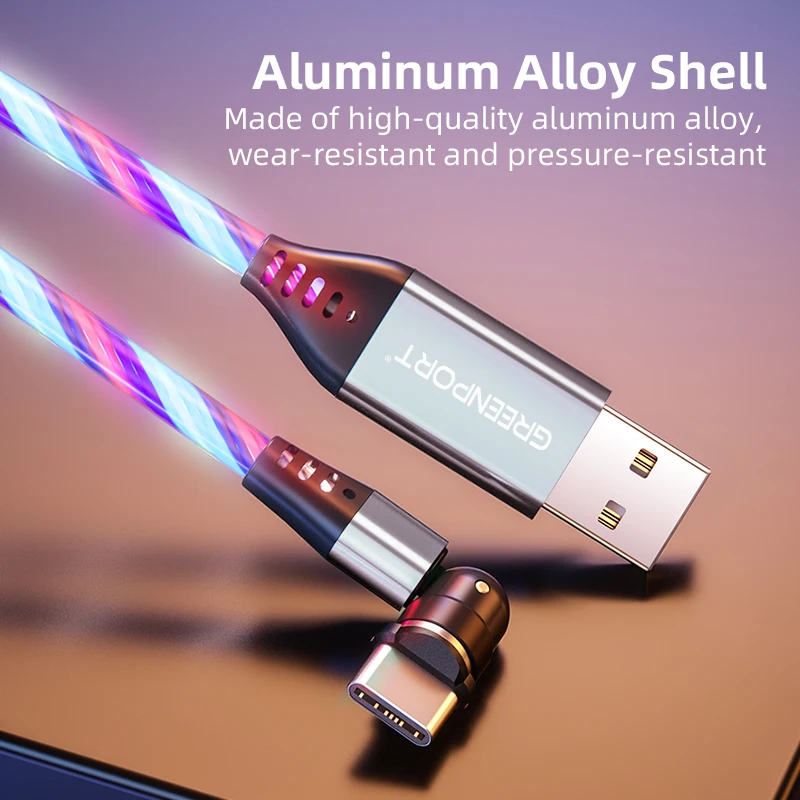 Luminous magnetic fast charging usb cable 540 degree led flowing 2.4A mobile phone fast charging 3 in 1 micro USB C cable 1M 2M
