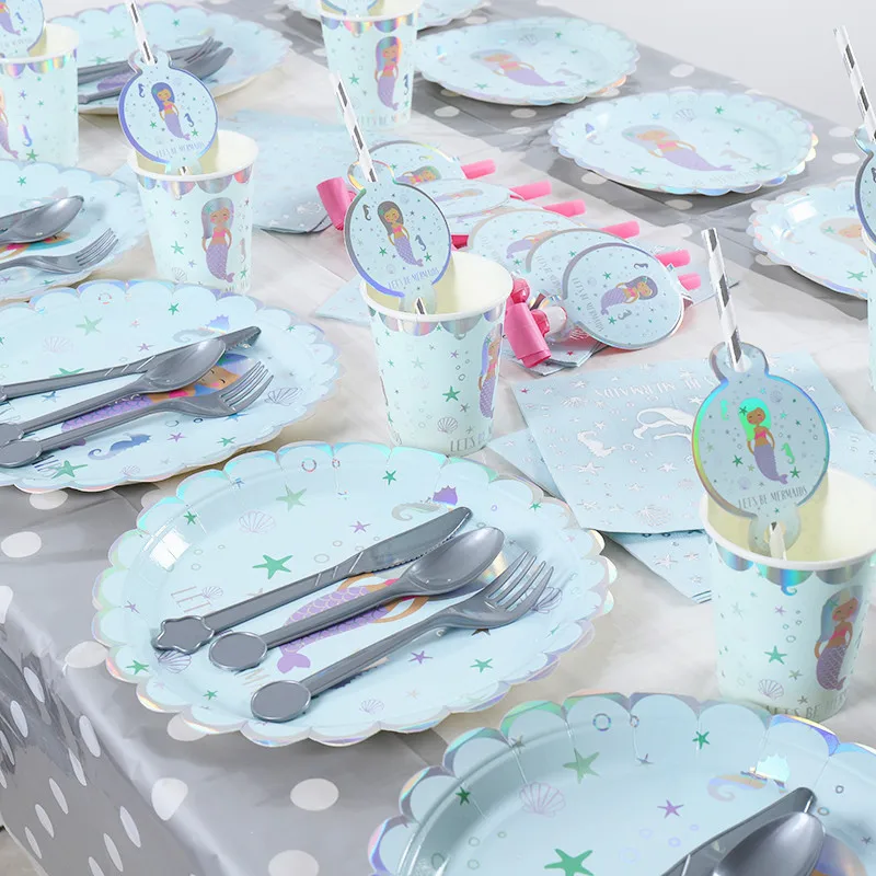 Новинка, горячее тиснение, серебряные принадлежности для вечеринки в стиле русалки, Набор детских принадлежностей для тематической вечеринки на день рождения, 6