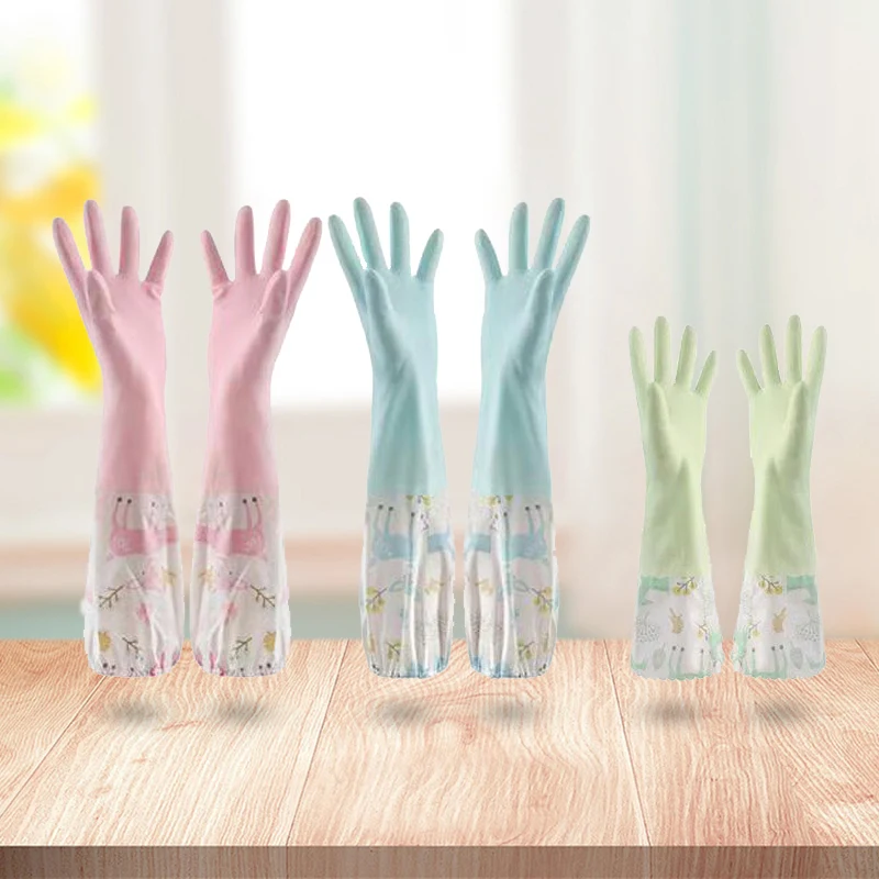 Factory direct winter rubber gloves elastic wide mouth lengthened PVC cleaning plus velvet thickening housework dishwashing glov