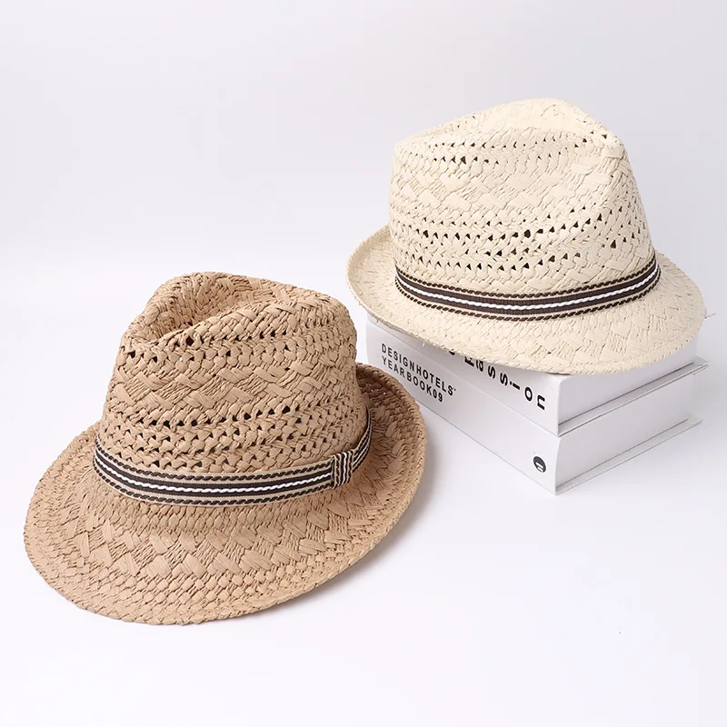 Outdoor Men and Kids Spring Summer Breathable Hat Panama Cap Straw Hats Sun Straw Braid Floppy Fedora Beach