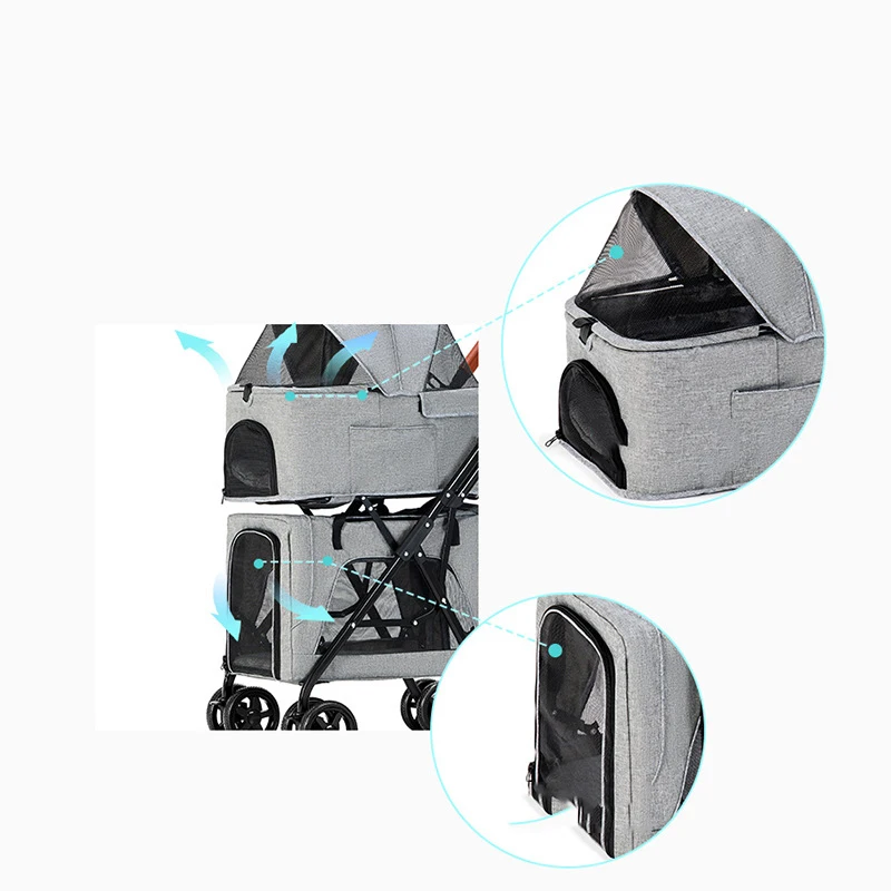 Lightweight foldable double-layer pet trolley for dogs and pets