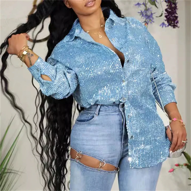 2024 fashion clothes women Turndown Collar sequined sequin shirts for women tops