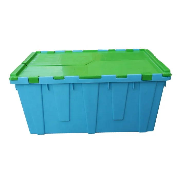 QS PP 75L 680*430*320mm Heavy Duty Nested Stackable Turnover Tote Bins Plastic Moving Crates Hinged lid for Home Cloth Storage