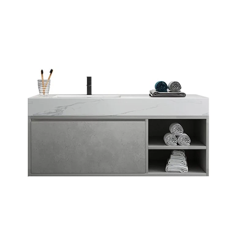 Foshan 30inch Single Wall Mount Bathroom cabinet Light Grey Vanity PVC Modern Bathroom Vanity with Sink